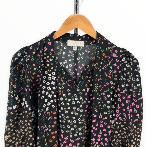 Never Fully Dressed Black Meadow Floral Tie Neck Long Sleeve Cinched Cuff Top 2 - Picture 4 of 12